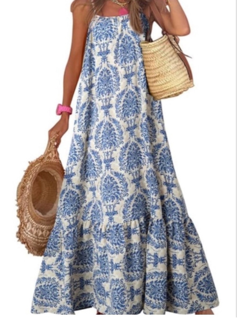 NWOT DOKOTOO Blue White Damask Print Maxi Dress M